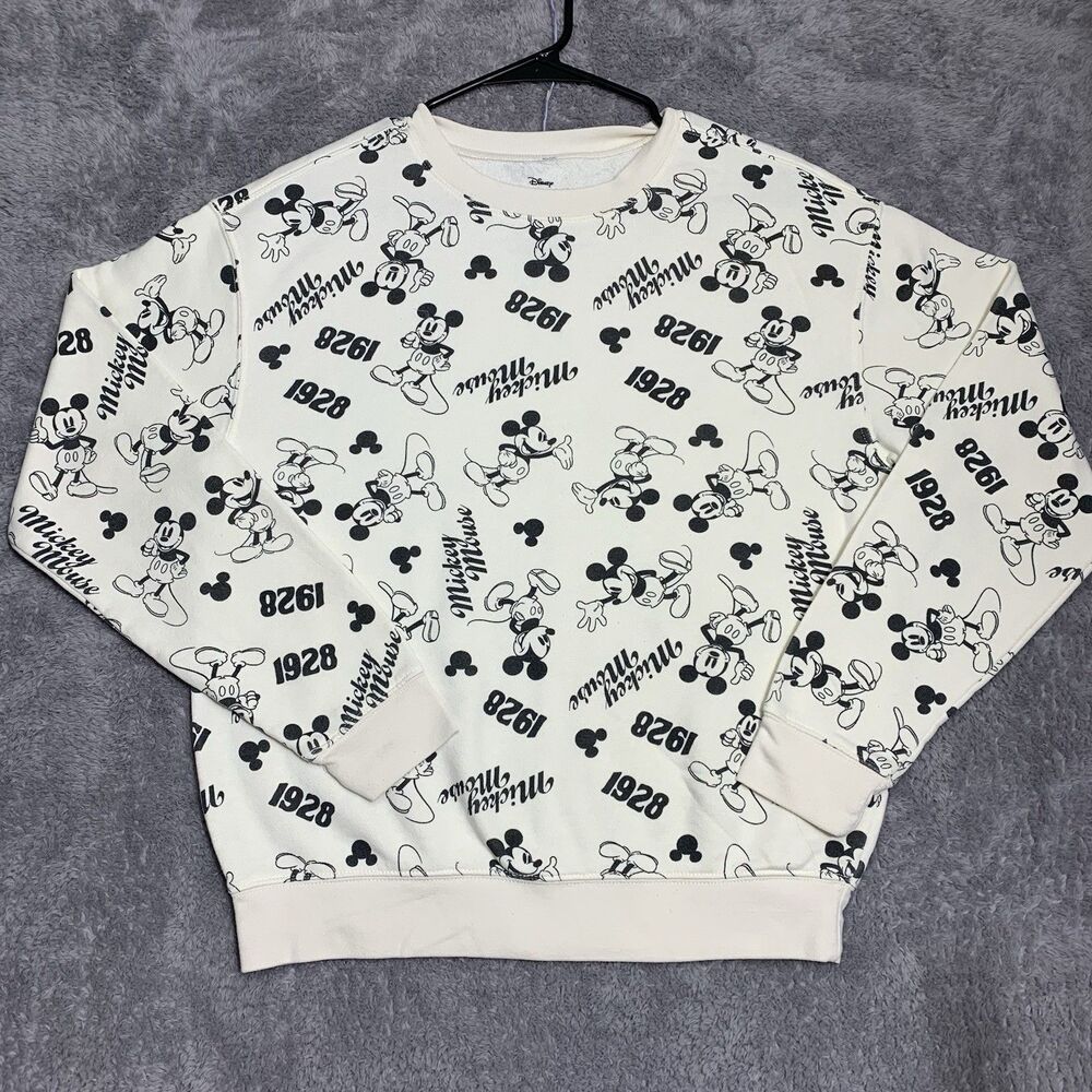 Disney Mickey Mouse Sweatshirt Unisex Small Cream All‎ Over Print 1928 Crewneck